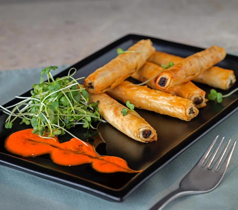 Crispy spring rolls with microgreens and a vibrant red sauce on a black plate at The Park Visakhapatnam, Visakhapatnam.
