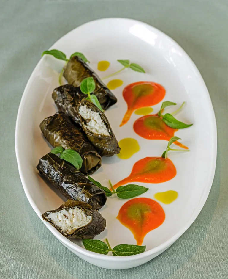 Delicious stuffed grape leaves with creamy filling, garnished with fresh herbs and vibrant sauces at The Park Visakhapatnam.